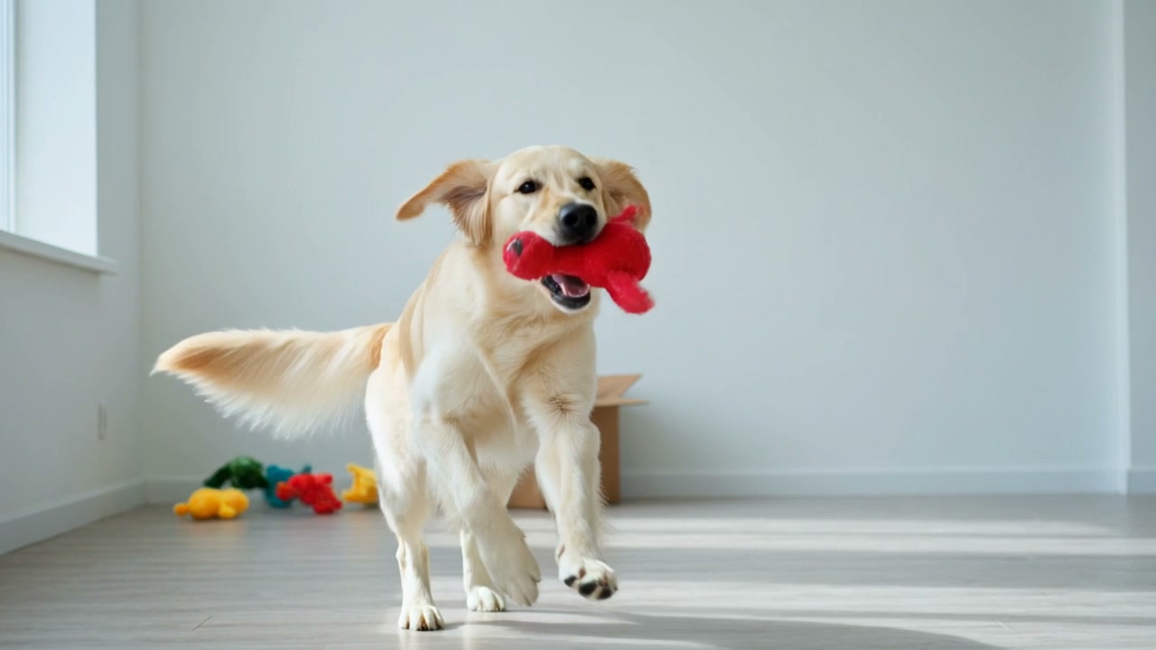 A golden retriever leaping to catch a Pawgevity toy in a sunlit yard