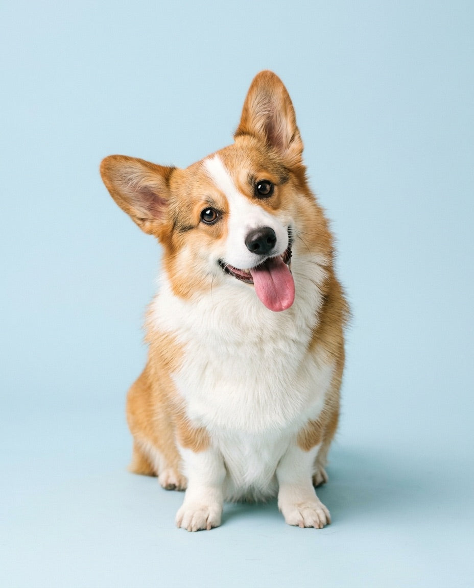 A corgi sitting patiently on a kitchen floor