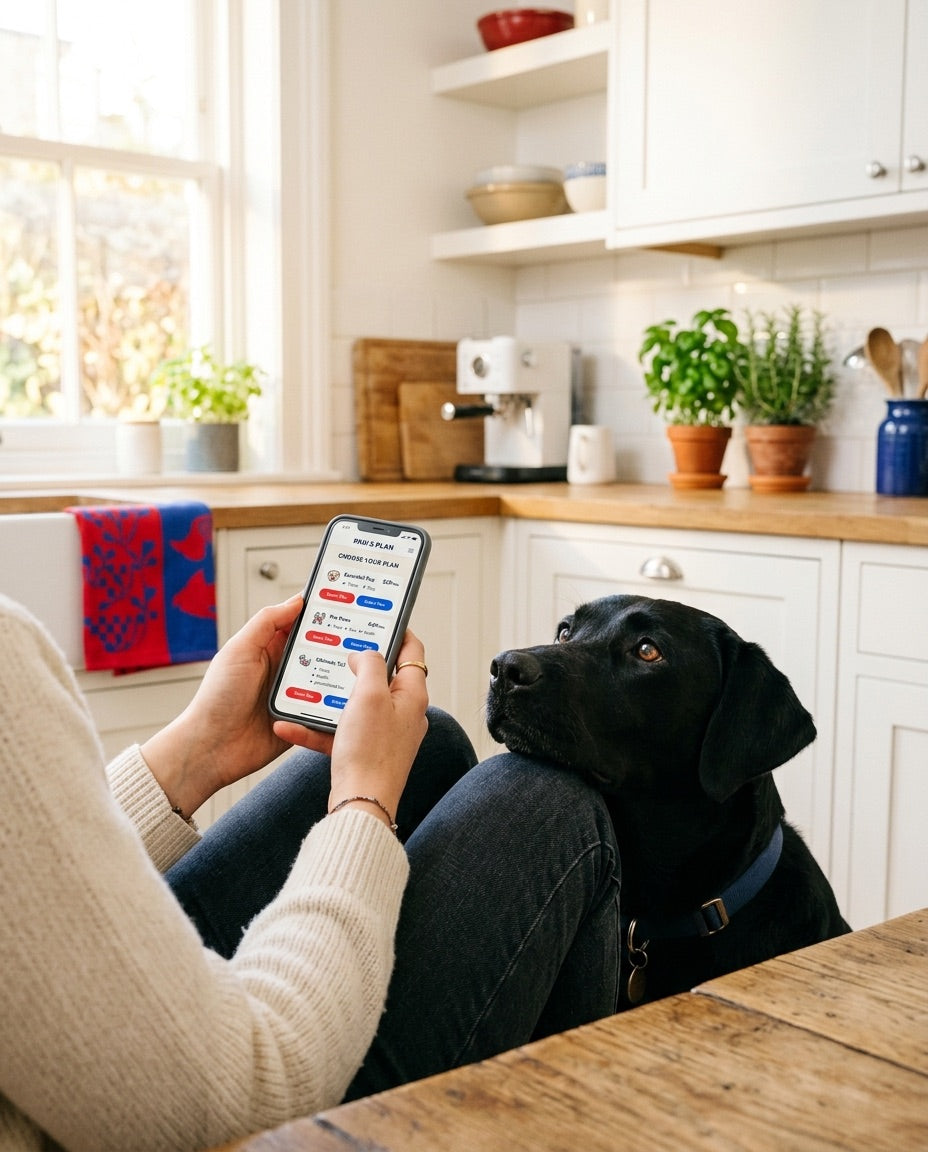 A hand holding a phone showing the Pawgevity plan picker
