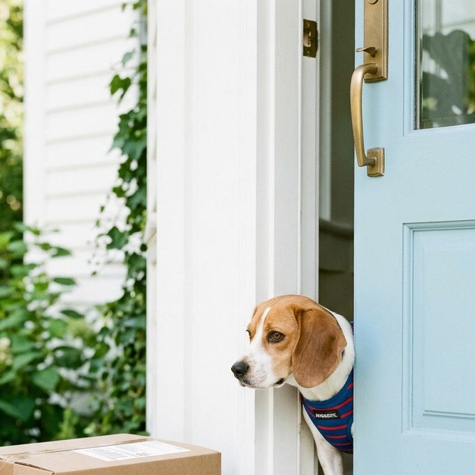 A Pawgevity box waiting on a front porch beside a doormat